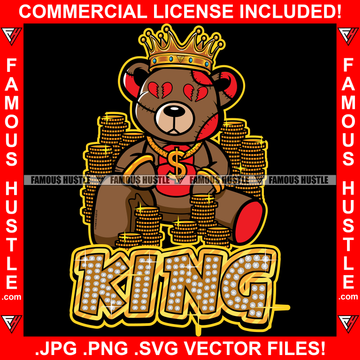 King Gangster Teddy Bear Gold Coins Broken Heart Eyes Dollar Sign Gold Necklace Chain Jewelry Bling Tattoo Hip Hop Rap Plug Trap Street Hood Ghetto Swag Thug Drip Dripping Quote Art Graphic Design Logo T-Shirt Print Printing JPG PNG SVG Vector Cut File